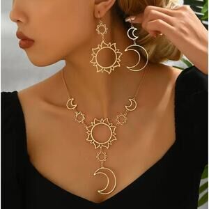 NEW - 3Pc Gold Celestial Sun and Moon Earrings and Necklace